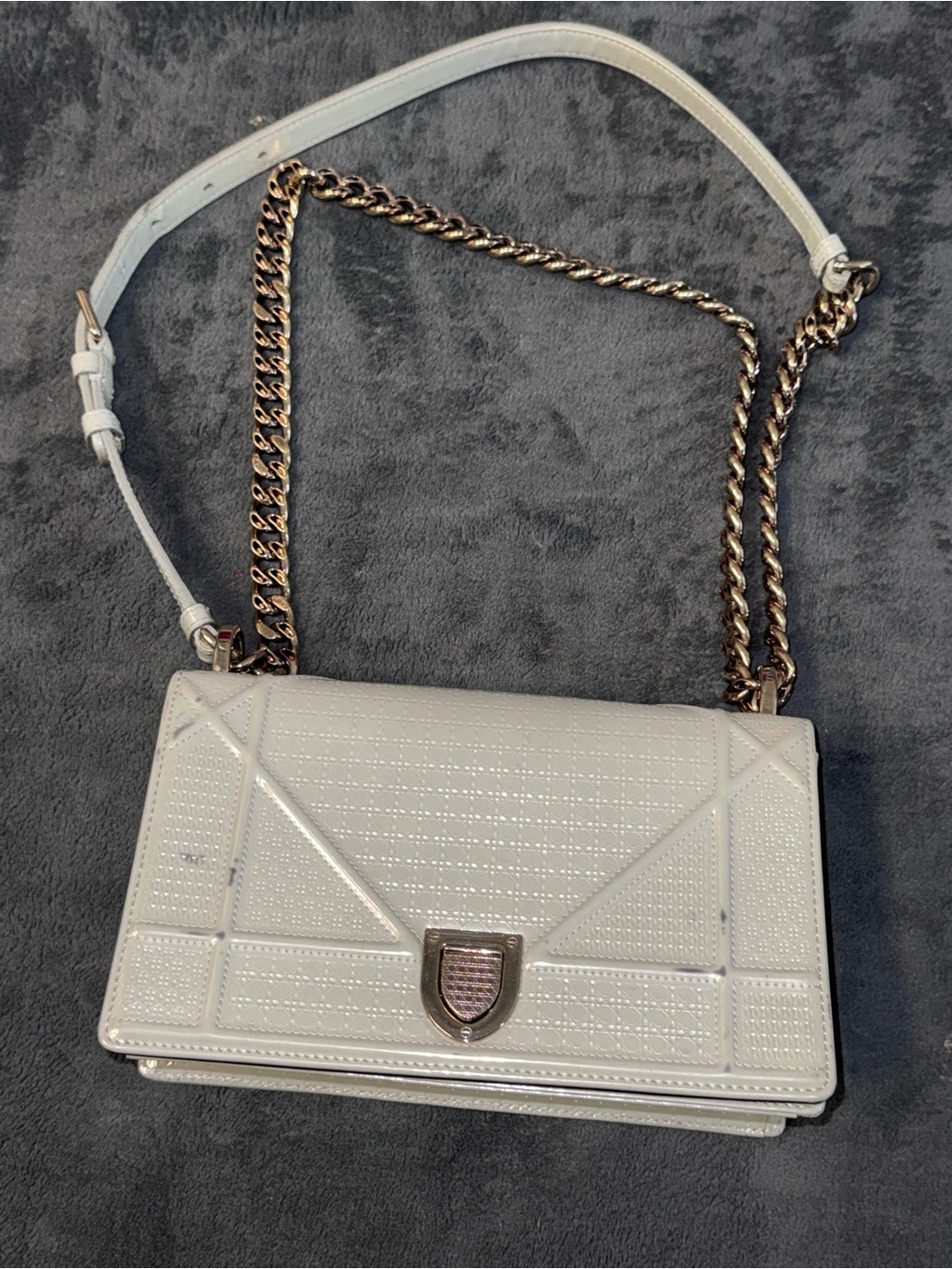 Authentic Christian Dior Diorama Medium Ivory Patent Micro Cannage Bag